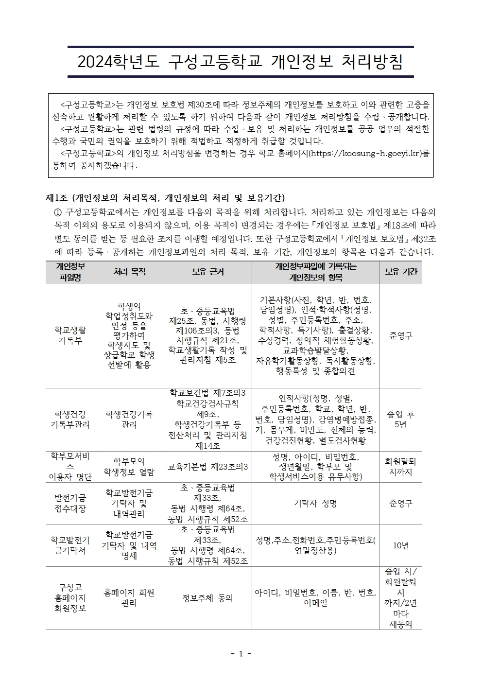 학교 개인정보 처리방침 변경(안)-2024. 6. 17. 기준001