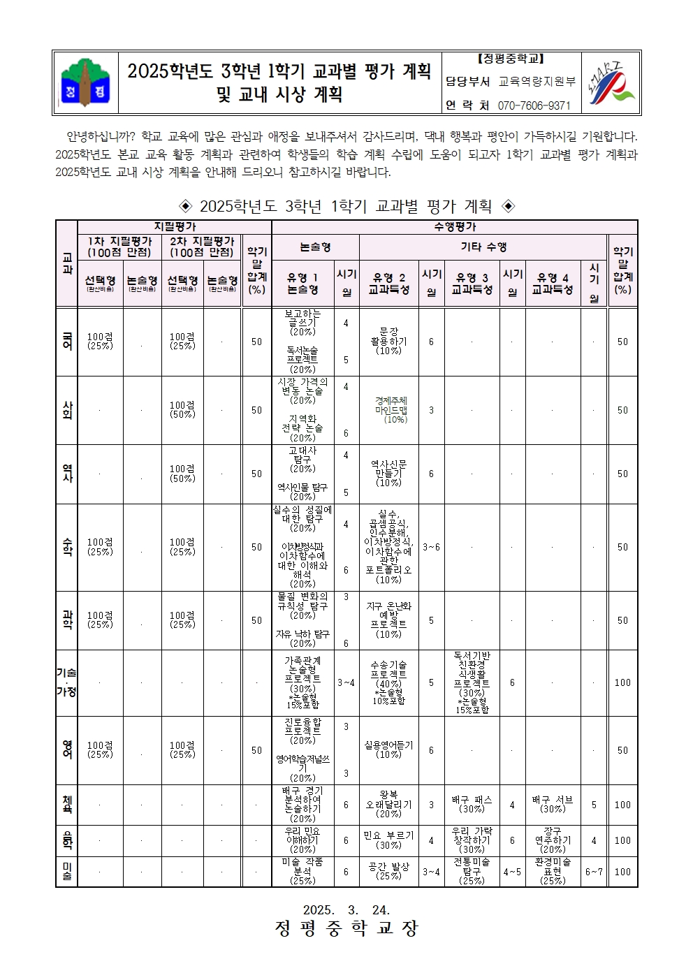 가정통신문 < 알림마당 | 정평중학교 정평중학교