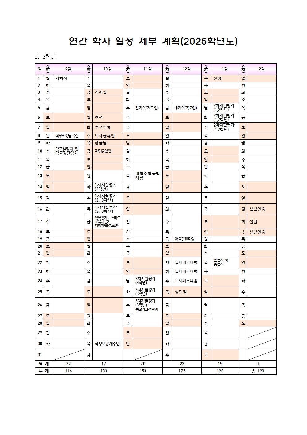 2025학년도 연간 학사 일정(2학기 학사일정 변경)001