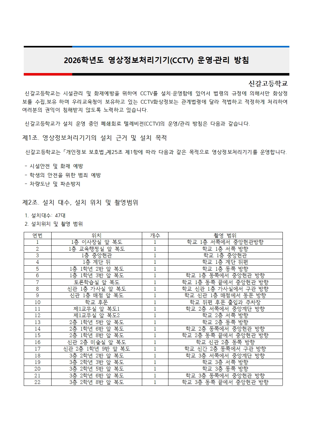 2026학년도 신갈고등학교 영상정보처리기기(CCTV) 운영 계획001